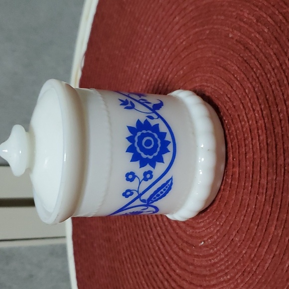 Vintage Hazel Atles Milk Glass Blue Floral Jar w/ Lid - Picture 1 of 6